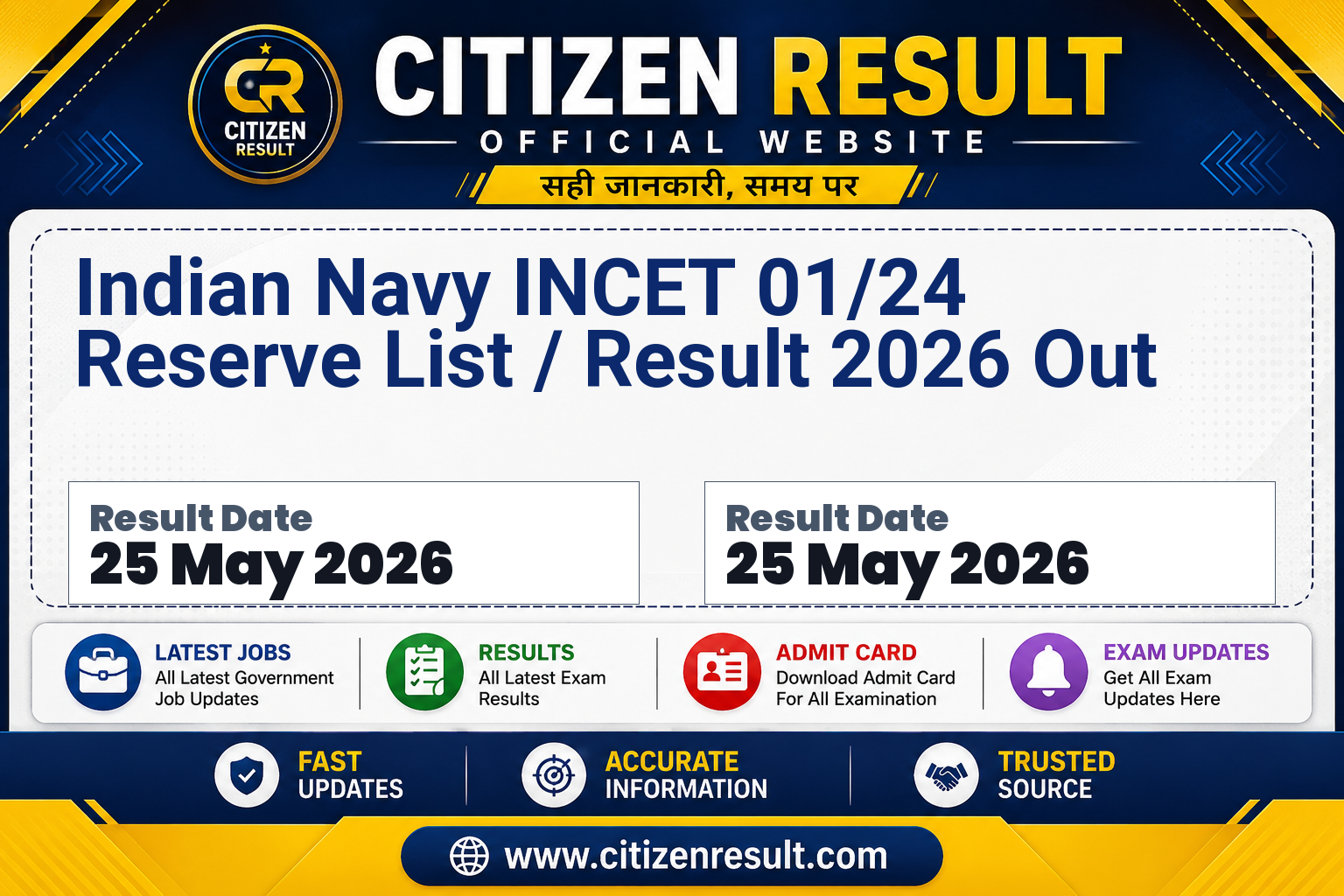 Indian Navy INCET 01/24 Reserve List / Result 2026 Out